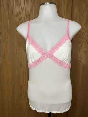 M/L PINK Victoria's Secret Y2K 2005 White Camisole with Pink Lace Trim